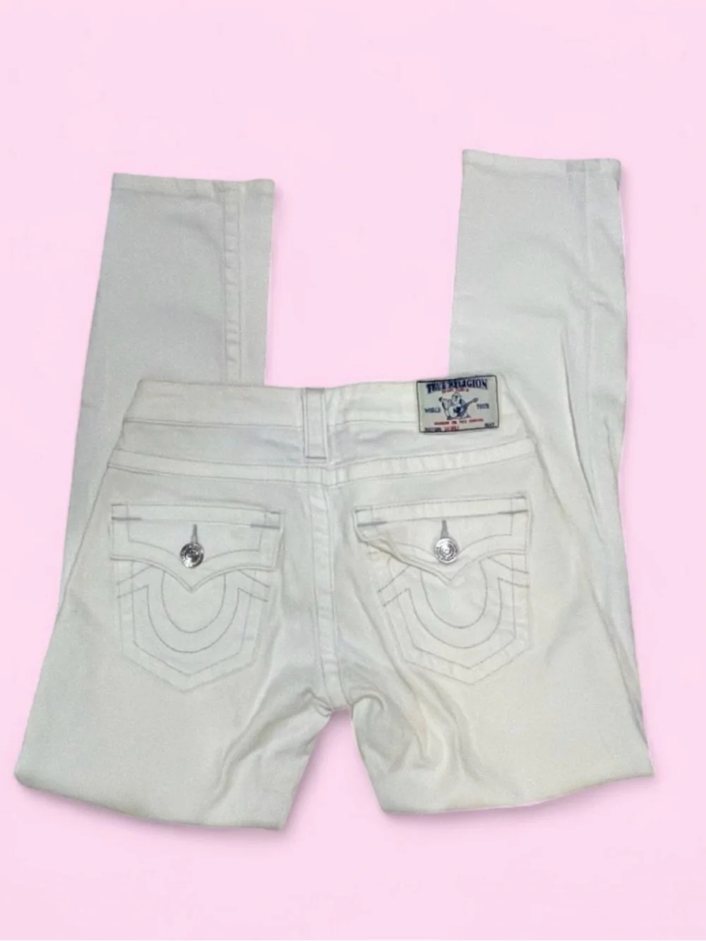 True Religion Women's Cream Skinny Jeans with Signature Pocket Stitching